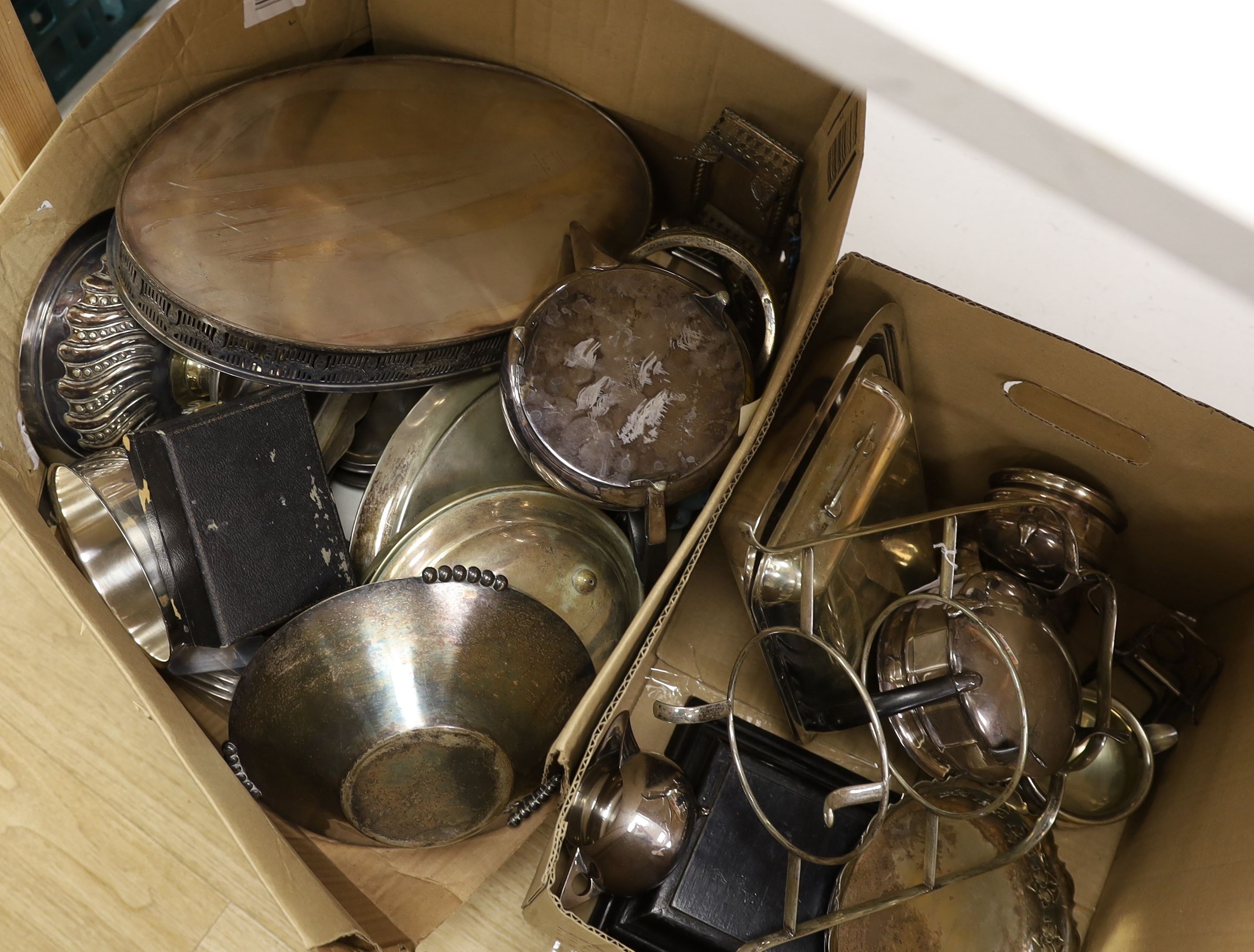 Two boxes of mixed silver plate